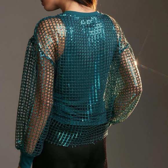 NWT Anthropologie Pilcro Long-Sleeve Sequin Turquoise Top Small - Picture 3 of 9